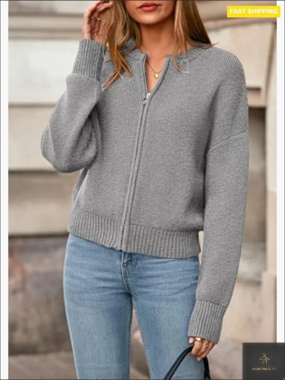 Chunky Knit Zipper Cardigan Open Front Long Sleeve Cropped Sweater Coat